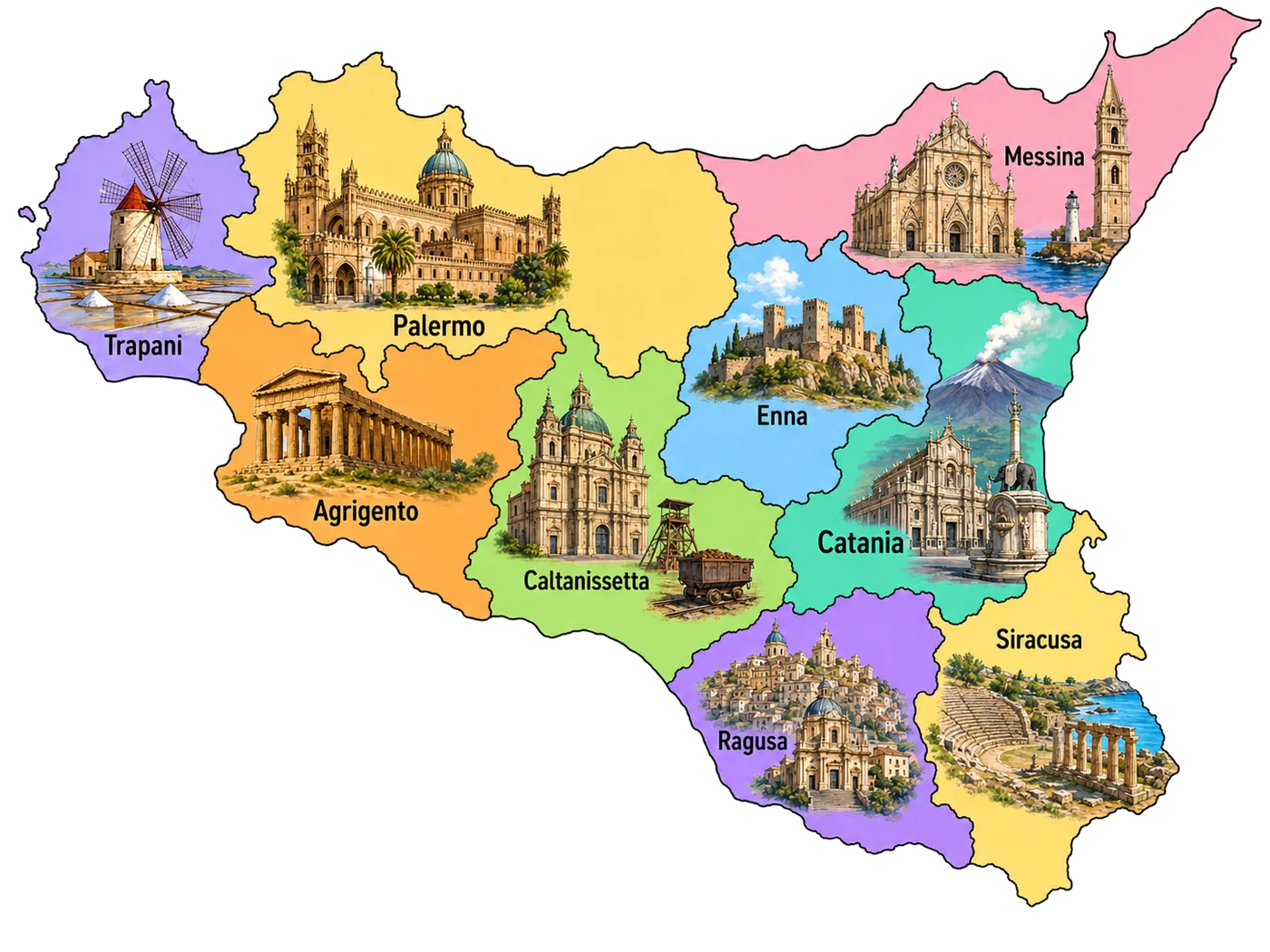 Mappa illustrata della Sicilia con le nove province e i loro monumenti simbolo